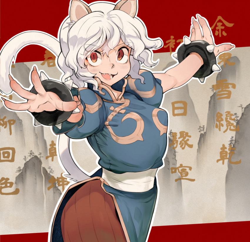 1girl aioi_u alternate_costume animal_ears blue_dress bracelet breasts brown_legwear cat_ears cat_girl cat_tail china_dress chinese_clothes chun-li chun-li_(cosplay) commentary_request cosplay dress eyebrows_visible_through_hair fighting_stance hunter_x_hunter jewelry looking_at_viewer neferpitou pantyhose puffy_short_sleeves puffy_sleeves red_eyes sash short_hair short_sleeves smile solo spiked_bracelet spikes standing street_fighter tail white_hair