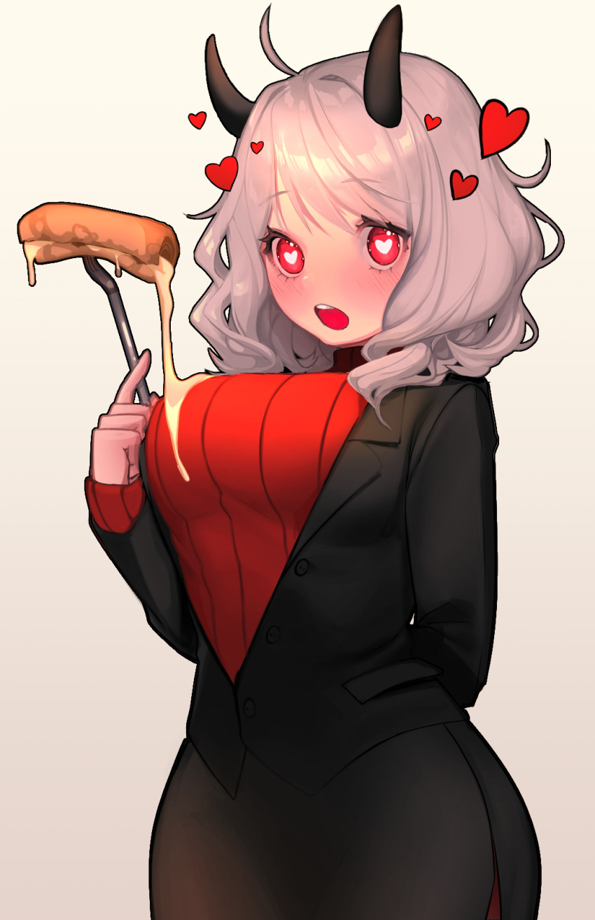1girl ahoge arm_behind_back bangs black_jacket black_skirt blush breasts bright_pupils butter commentary_request cowboy_shot demon_girl demon_horns dripping eyebrows_visible_through_hair food fork guunhanchi heart heart-shaped_pupils helltaker highres holding holding_fork horns jacket large_breasts long_sleeves looking_at_viewer modeus_(helltaker) office_lady open_mouth pancake pencil_skirt red_eyes red_sweater short_hair side_slit skirt solo sweater symbol-shaped_pupils