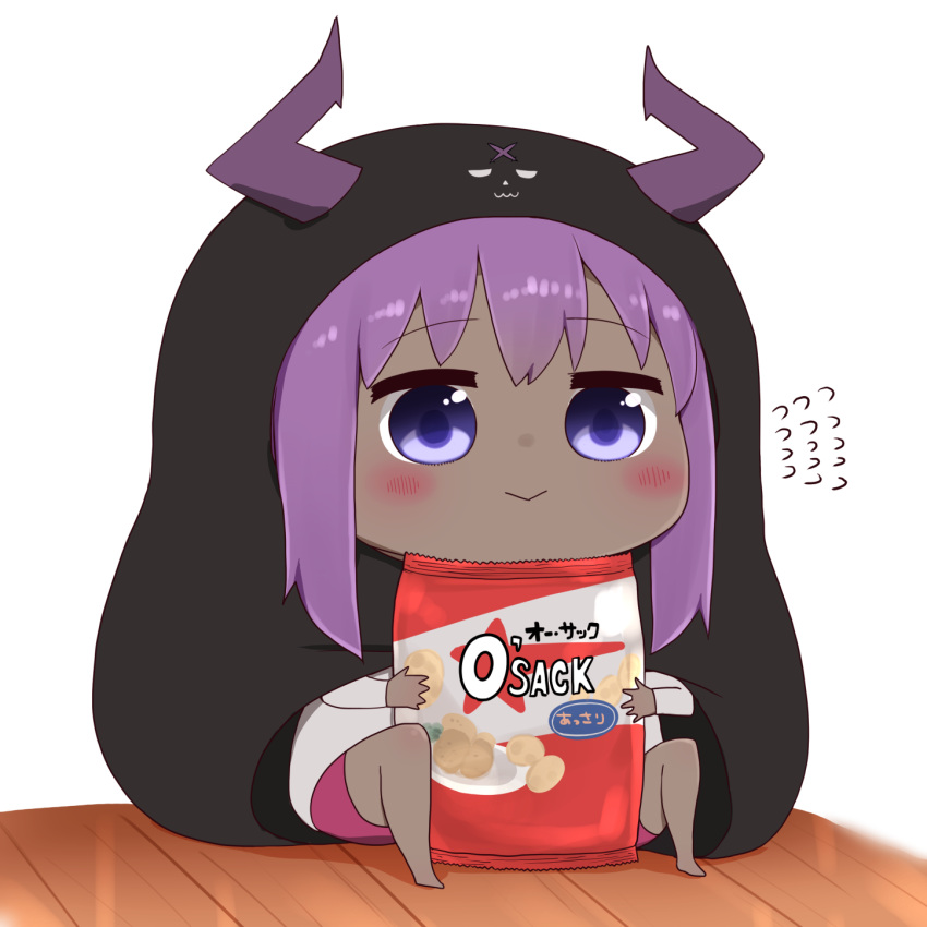 1girl :&gt; bag bag_of_chips bangs barefoot black_cloak blush chibi cloak closed_mouth cosplay dark_skin eyebrows_visible_through_hair fate/prototype fate/prototype:_fragments_of_blue_and_silver fate_(series) flying_sweatdrops full_body hair_between_eyes hassan_of_serenity_(fate) highres himouto!_umaru-chan holding holding_bag hood hood_up hooded_cloak horns i.u.y komaru komaru_(cosplay) long_sleeves pink_shorts purple_hair shirt short_shorts shorts smile solo violet_eyes white_background white_shirt wooden_floor