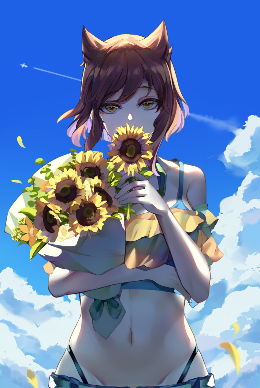 1girl aircraft airplane animal_ears bangs bare_shoulders blue_sky bouquet brown_eyes brown_hair clouds collarbone commentary_request condensation_trail covering_mouth day donggua_bing_cha flower groin highres holding holding_bouquet holding_flower layered_clothing looking_at_viewer navel original outdoors petals short_hair short_sleeves sidelocks sky solo stomach sunflower sunflower_petals thong yellow_flower