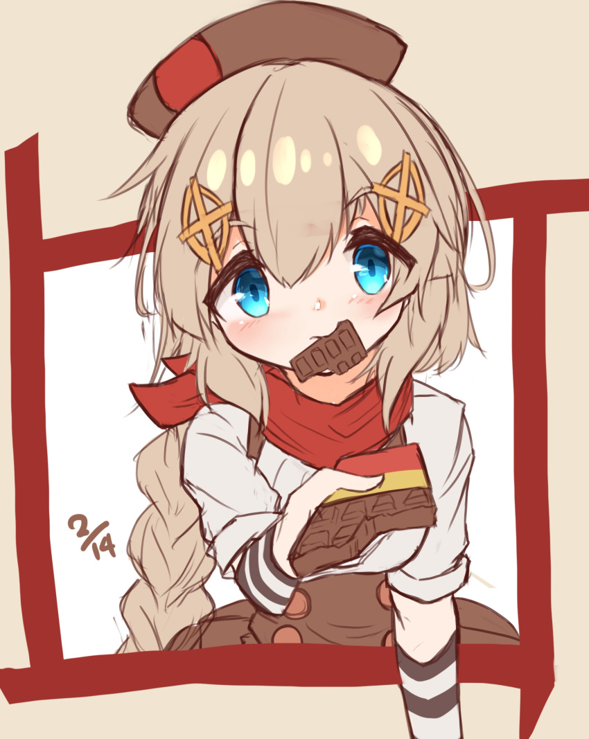 1girl absurdres arm_warmers bangs beret blue_eyes blush braid brown_background brown_headwear brown_skirt candy chocolate chocolate_bar closed_mouth dated eyebrows_visible_through_hair fnc_(girls_frontline) food food_in_mouth girls_frontline hair_between_eyes hair_ornament hat highres holding holding_food long_hair looking_at_viewer matsuo_(matuonoie) mouth_hold shirt short_sleeves single_braid skirt solo striped very_long_hair white_shirt