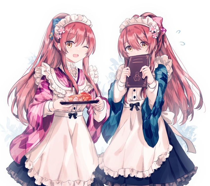 2girls apron bangs black_skirt blue_bow blue_kimono bow brown_hair covering_mouth eyebrows_visible_through_hair flower frilled_apron frilled_headband frilled_skirt frills gocoli hair_bow hair_flower hair_ornament headband highres holding holding_plate idolmaster idolmaster_shiny_colors japanese_clothes kimono long_hair long_ponytail long_skirt long_sleeves looking_at_viewer multiple_girls one_eye_closed oosaki_amana oosaki_tenka open_mouth pink_bow pink_kimono plate ponytail sidelocks simple_background skirt tareme white_background wide_sleeves yellow_eyes