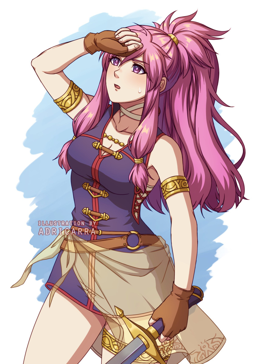 1girl adricarra armlet artist_name bangs bare_shoulders breasts fingerless_gloves fire_emblem fire_emblem:_the_sacred_stones gloves highres holding holding_sword holding_weapon long_hair looking_up marisa_(fire_emblem) open_mouth pink_eyes pink_hair ponytail sidelocks solo sweatdrop sword thighlet weapon