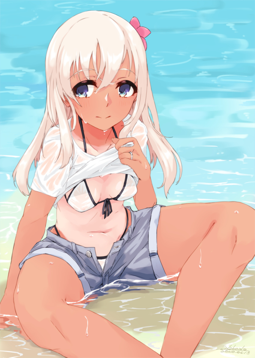 1girl alakoala alternate_costume bangs bare_legs beach bikini bikini_under_clothes blonde_hair blue_eyes blush breasts commentary_request eyebrows_visible_through_hair flower hair_flower hair_ornament highres jewelry kantai_collection long_hair looking_at_viewer navel one-piece_tan ring ro-500_(kantai_collection) see-through shirt_lift short_shorts short_sleeves shorts sitting solo swimsuit swimsuit_under_clothes tan tanline water wedding_band wet