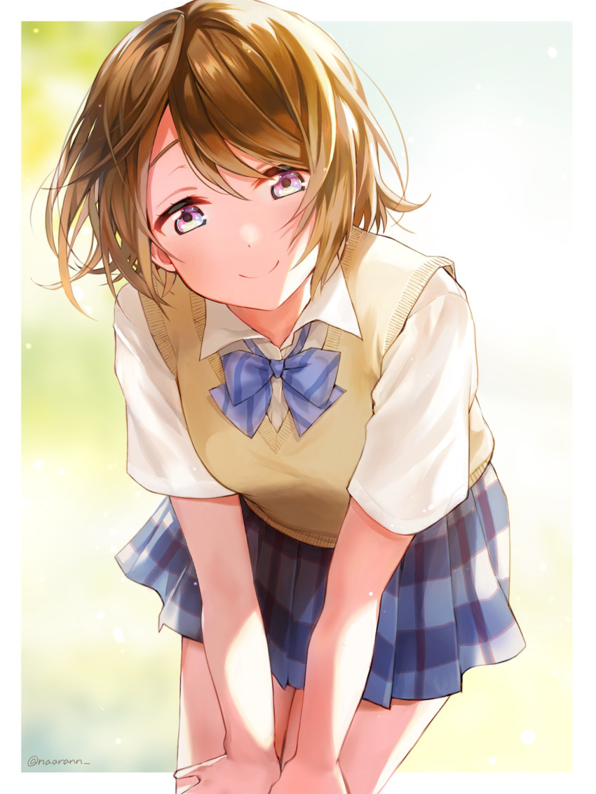 1girl blue_bow blue_skirt bow facing_viewer highres koizumi_hanayo leaning_forward light_brown_hair looking_at_viewer love_live! love_live!_school_idol_project naarann otonokizaka_school_uniform school_uniform short_hair short_sleeves skirt smile solo sweater_vest violet_eyes