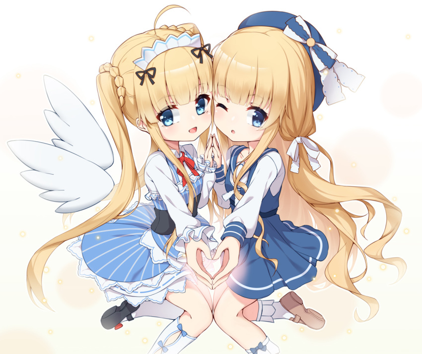 2girls :d ;o ahoge bangs beret black_footwear blonde_hair blue_dress blue_eyes blue_headwear blush bobby_socks bow braid brown_background brown_footwear collared_shirt copyright_request detached_wings dress eyebrows_visible_through_hair hair_bow hand_up hat heart heart_hands heart_hands_duo kneehighs long_hair long_sleeves mary_janes multiple_girls one_eye_closed open_mouth outstretched_arm parted_lips puffy_long_sleeves puffy_sleeves shirt shoes sleeveless sleeveless_dress sleeves_past_wrists smile socks striped twintails vertical_stripes very_long_hair virtual_youtuber white_bow white_legwear white_shirt white_wings wings yuxian_youka