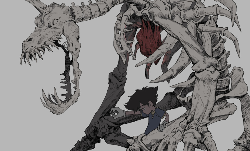 1boy absurdres bone brown_hair child digimon digimon_adventure digimon_adventure_tri. dinosaur gloves grey_background heart highres holding horns male_focus open_mouth organs sharp_teeth silk simple_background single_horn skeleton skullgreymon spider_web tantanmen teeth textless white_gloves yagami_taichi