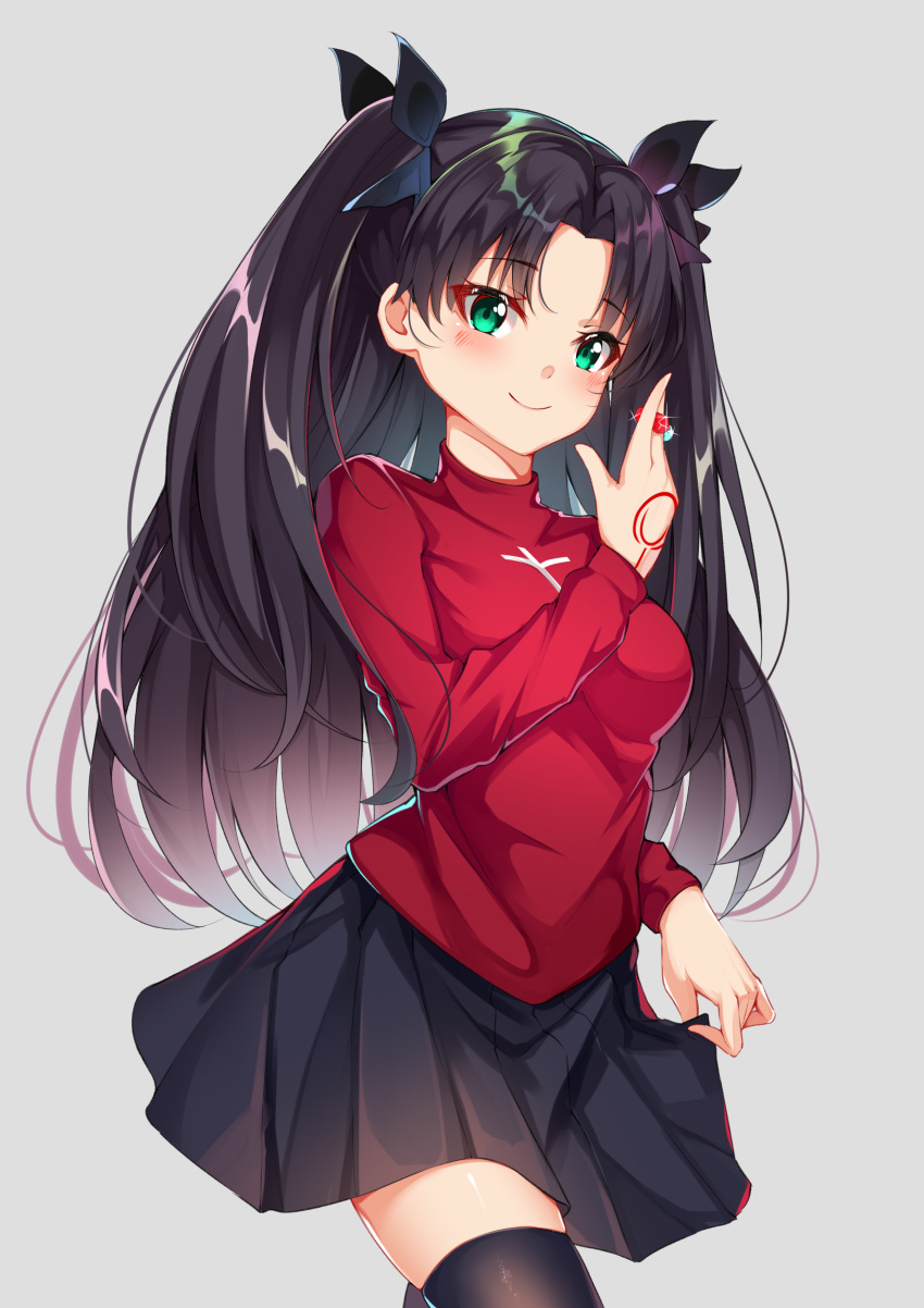 1girl absurdres bangs black_hair black_legwear black_skirt blue_eyes blush breasts brown_hair commentary_request eyebrows_visible_through_hair fate/stay_night fate_(series) green_eyes grey_background hair_ribbon highres holding long_hair long_sleeves looking_at_viewer medium_breasts pleated_skirt ribbon simple_background skirt smile solo thigh-highs tming toosaka_rin twintails two_side_up