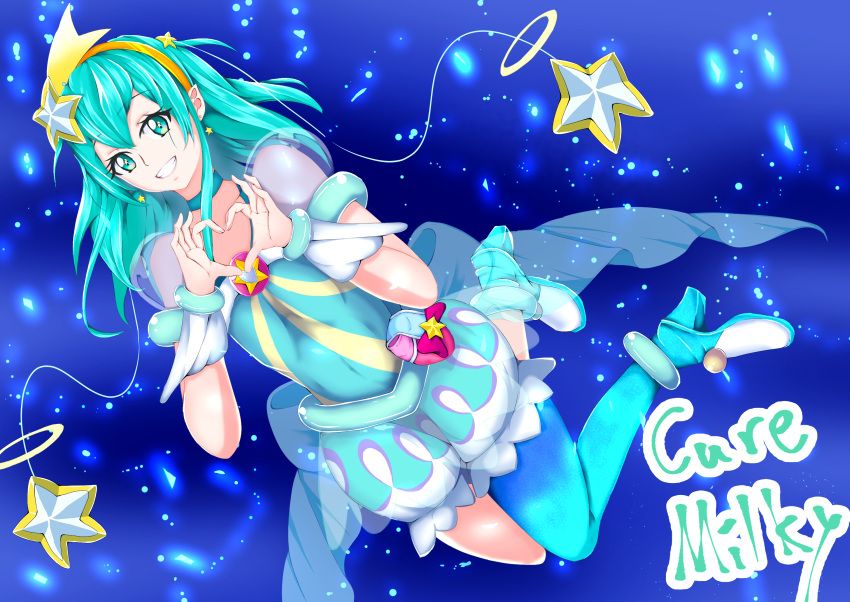 1girl aqua_hair blue_legwear bracelet character_name choker collarbone cure_milky earrings floating_hair full_body green_eyes grin hair_ornament hairband harikonoma heart heart_hands highres jewelry long_hair looking_at_viewer pointy_ears precure see-through_silhouette shiny shiny_hair short_sleeves single_leg_pantyhose smile solo star_(symbol) star_earrings star_hair_ornament star_twinkle_precure yellow_hairband