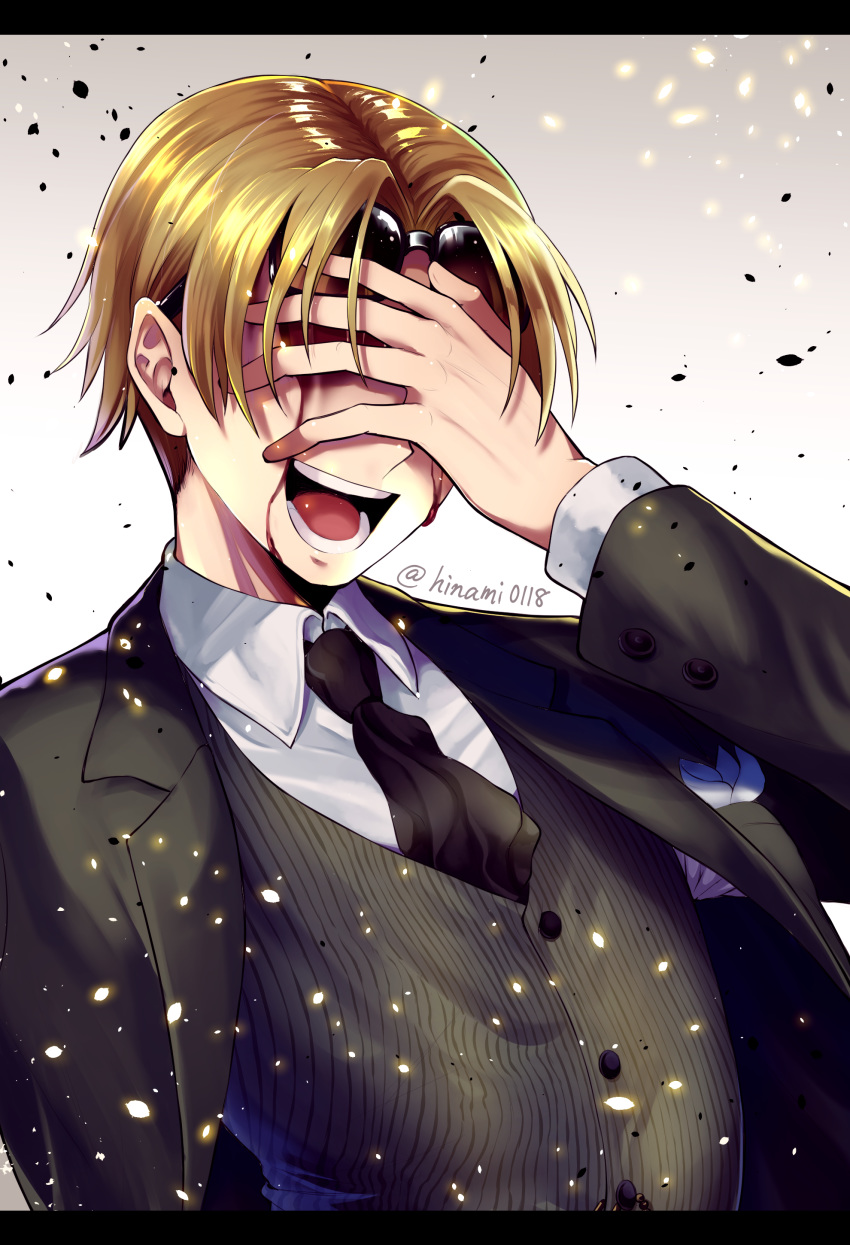 1boy absurdres bangs blonde_hair blood blood_on_face collared_shirt facing_viewer fate/grand_order fate_(series) formal gradient gradient_background hand_on_own_face highres koha-ace laughing light_particles long_sleeves male_focus maxwell's_demon_(fate) necktie shirt simple_background solo suit sunglasses upper_body vest zassou_(ukjpn)