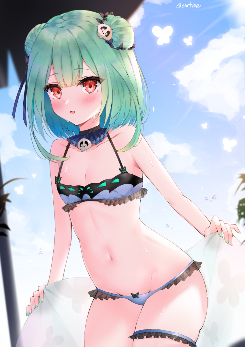 1girl adapted_costume bare_arms bare_shoulders bikini blue_bikini breasts clouds cowboy_shot day detached_collar double_bun green_hair groin hair_ornament highres himexin hololive leg_garter looking_at_viewer nail_polish navel outdoors red_eyes short_hair small_breasts solo stomach string_bikini sunlight swimsuit thighs uruha_rushia virtual_youtuber