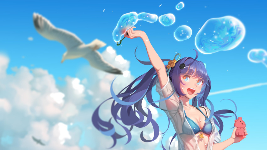 ai-chan_(playstation) arm_up bikini bikini_top bird blue_hair bubble bubble_blowing clouds d-pad d-pad_hair_ornament green_eyes hair_ornament happy highres laughing looking_to_the_side original purple_hair seagull see-through shirt smile sony swimsuit twintails vofan