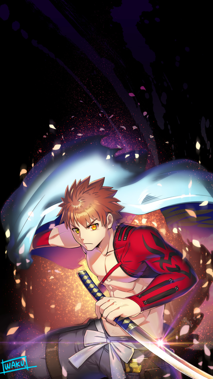 1boy abs bangs cape chest emiya_shirou eyebrows_visible_through_hair fate/grand_order fate_(series) fighting_stance goya_(xalbino) highres holding igote japanese_clothes light_particles looking_at_viewer male_focus muscle orange_hair pectorals petals pubic_hair revealing_clothes ribbon sengo_muramasa_(fate) shiny shiny_hair solo sword toned toned_male upper_body waku_(ayamix) weapon yellow_eyes