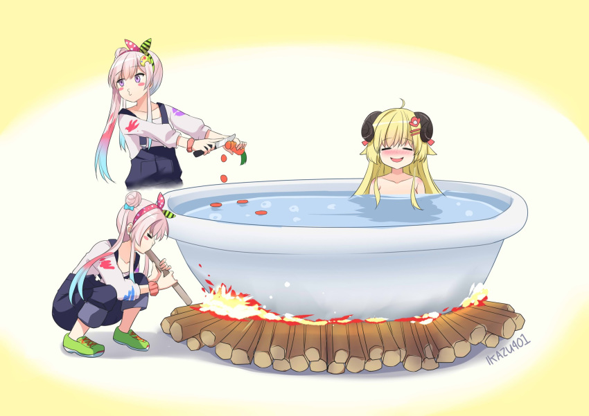 ahoge airani_iofifteen artist_name bathtub blonde_hair blue_hair breasts carrot fire green_footwear hair_ornament highres hololive hololive_indonesia horns image_sample knife multicolored_hair nude open_mouth overalls pink_hair pink_ribbon polka_dot_ribbon redhead ribbon side_ponytail smile tsunomaki_watame twitter_sample wood