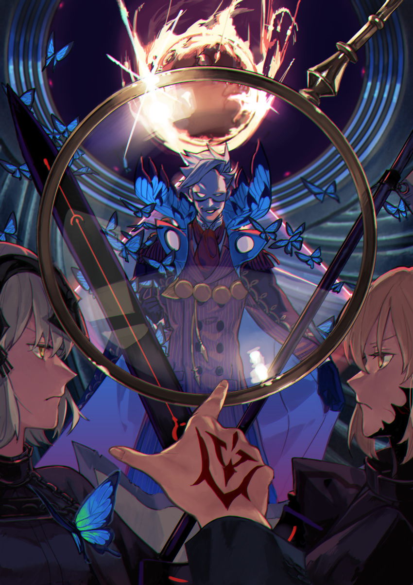 2boys 2girls absurdres ame_(syume_ruzin) armor artoria_pendragon_(all) bangs blonde_hair breastplate bug butterfly cape chain coffin collar command_spell evil evil_eyes evil_grin evil_smile facial_hair fate/grand_order fate_(series) fujimaru_ritsuka_(male) glasses gloves grin hair_between_eyes headpiece high_collar highres insect james_moriarty_(fate/grand_order) jeanne_d'arc_(alter)_(fate) jeanne_d'arc_(fate)_(all) long_sleeves looking_at_another looking_at_viewer magnifying_glass multiple_boys multiple_girls mustache oversized_object saber_alter silver_hair smile vest weapon white_hair yellow_eyes