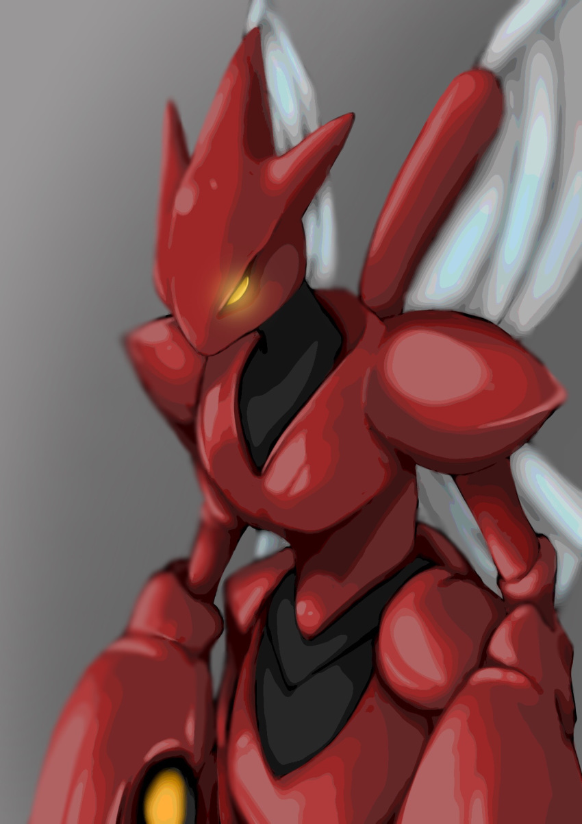 claws commentary gen_2_pokemon glowing glowing_eyes grey_background highres hirohiro_(user_ceac8235) horns insect_wings metal_skin no_humans no_pupils pokemon pokemon_(creature) scizor shiny shiny_skin solo wings yellow_eyes