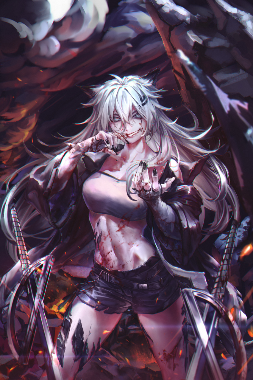 1girl abs absurdres animal_ears arknights bandeau bare_legs black_jacket black_nails black_shorts blood blood_on_face blood_splatter bloody_weapon blue_eyes breasts collarbone commentary cowboy_shot embers english_commentary fangs fire glint highres jacket lappland_(arknights) lips long_hair looking_at_viewer medium_breasts midriff mr.holmes nail_polish navel open_clothes open_jacket ore_lesion_(arknights) red_pupils scar scar_across_eye short_shorts shorts silver_hair smile smoke solo strapless sword tail thighs torn_clothes tubetop twitter_username weapon wolf_ears wolf_tail