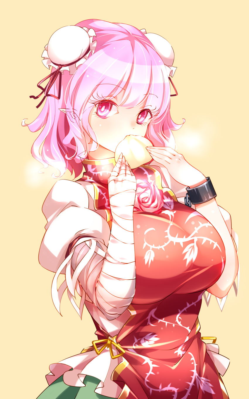 1girl absurdres amputee bandaged_arm bandages baozi breasts bun_cover chain chinese_clothes cuffs double_bun ears_visible_through_hair eating fingers floral_print flower food green_skirt highres ibaraki_kasen large_breasts looking_at_viewer pink_eyes pink_flower pink_hair pink_rose pointy_ears puffy_short_sleeves puffy_sleeves raised_eyebrows raptor7 rose shackles short_hair short_sleeves simple_background skirt solo steam surprised tabard touhou upper_body yellow_background