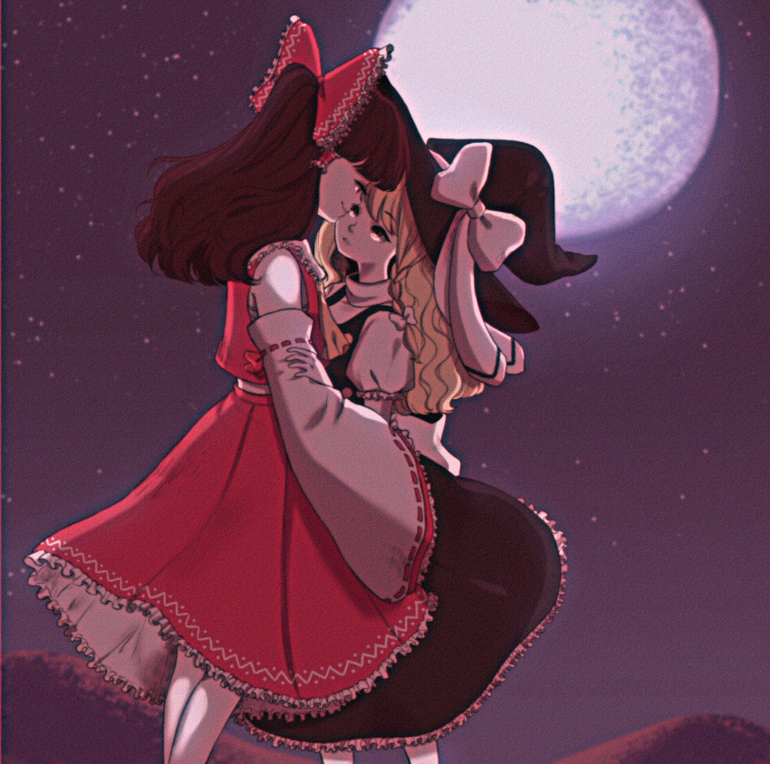 2girls bare_shoulders blonde_hair bow braid brown_hair detached_sleeves eye_contact forehead-to-forehead frilled_shirt_collar frilled_skirt frilled_sleeves frills full_moon hair_bow hair_ribbon hakurei_reimu hat hat_bow hat_ribbon height_difference highres holding_another's_arm hug imminent_kiss kirisame_marisa linmiee long_hair looking_at_another moon multiple_girls night night_sky puffy_short_sleeves puffy_sleeves ribbon short_sleeves side_braid single_braid skirt skirt_set sky touhou turtleneck vest wavy_hair witch_hat yuri