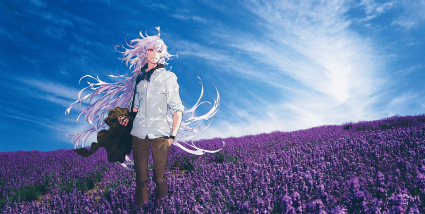 1boy artist_request bag black_bag clouds cloudy_sky fate/grand_order fate_(series) field flower flower_field flower_request hand_in_pocket highres hill jacket jacket_removed jpeg_artifacts long_hair long_sleeves merlin_(fate) neckerchief red_eyes shirt shoulder_bag sky sleeves_folded_up standing very_long_hair watch watch white_hair white_shirt wind
