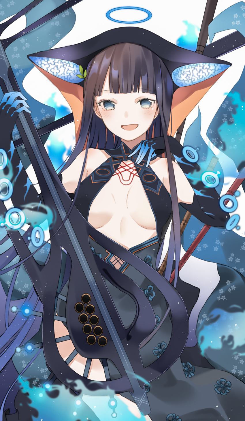 1girl bangs bare_shoulders black_dress black_gloves black_headwear blue_eyes blunt_bangs blush breasts center_opening chiho_(pixiv10578873) dress elbow_gloves fate/grand_order fate_(series) flute gloves hair_ornament halo highres instrument leaf_hair_ornament long_hair looking_at_viewer medium_breasts open_mouth pipa_(instrument) purple_hair smile very_long_hair white_background yang_guifei_(fate/grand_order)