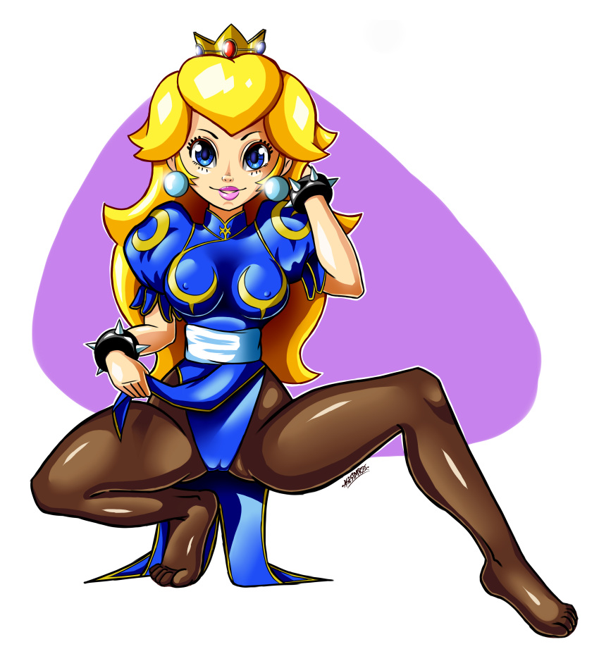 1girl absurdres asesimio_fur blonde_hair blue_dress blue_eyes bracelet breasts brown_legwear china_dress chinese_clothes chun-li chun-li_(cosplay) commentary cosplay crown dress earrings full_body highres jewelry long_hair looking_at_viewer super_mario_bros. pantyhose princess_peach puffy_short_sleeves puffy_sleeves sash short_sleeves signature smile solo spiked_bracelet spikes street_fighter super_mario_bros. thighs