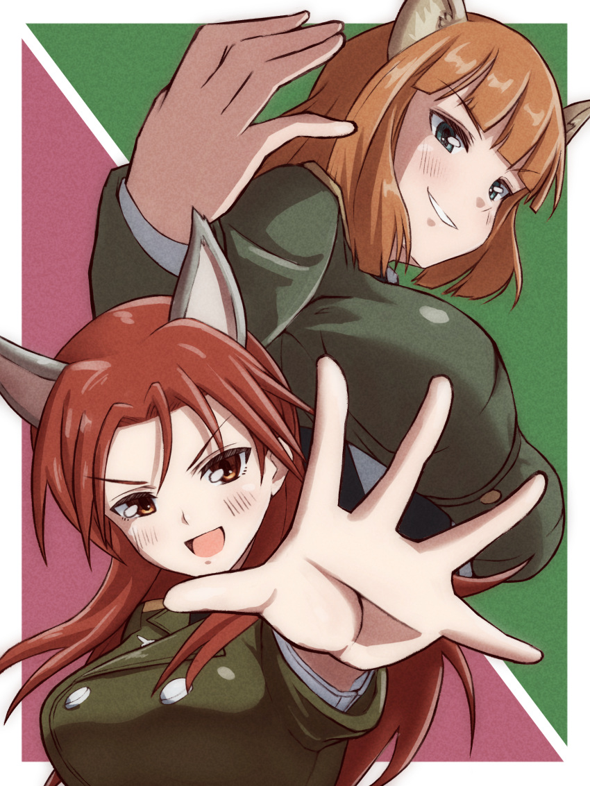 2girls absurdres animal_ears blush brave_witches breasts brown_hair dog_ears green_eyes gundula_rall highres large_breasts long_hair looking_at_viewer military_uniform minna-dietlinde_wilcke multiple_girls open_mouth orange_eyes redhead short_hair smile strike_witches tama_kitsune uniform wolf_ears world_witches_series