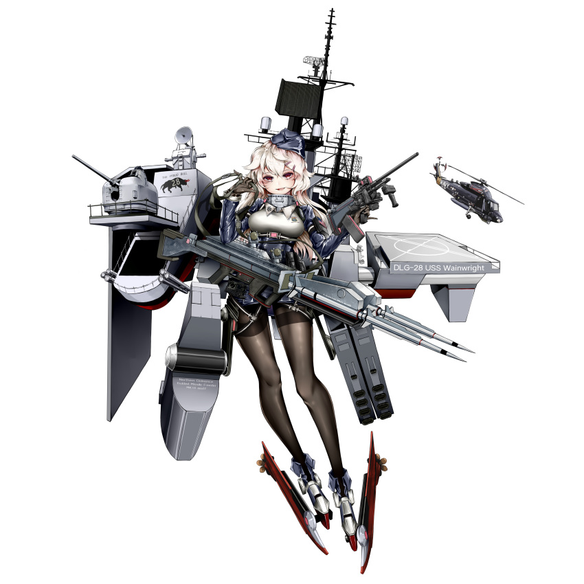 1girl absurdres aircraft anotoki_ashi black_gloves black_legwear blue_jacket breasts cannon chinese_commentary destroyer gloves hair_ornament hairclip helicopter highres holding holding_weapon jacket large_breasts long_hair long_sleeves machinery mecha_musume military military_uniform military_vehicle original pantyhose personification propeller radar red_eyes ship simple_background solo thighband_pantyhose turret uniform uss_wainwright_(dlg-28) warship watercraft weapon white_background white_hair