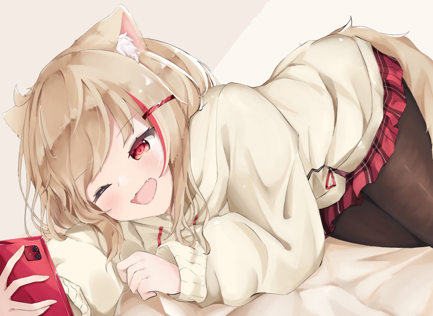 1girl animal_ear_fluff animal_ears bangs bed_sheet black_legwear brown_hoodie cat_ears cellphone commentary_request drawstring eyebrows_visible_through_hair fang hair_ornament hairclip highres holding holding_phone hood hood_down hoodie konotuki long_sleeves lying multicolored_hair on_side one_eye_closed open_mouth original pantyhose phone plaid plaid_skirt pleated_skirt puffy_long_sleeves puffy_sleeves red_eyes red_skirt redhead skirt sleeves_past_wrists solo streaked_hair