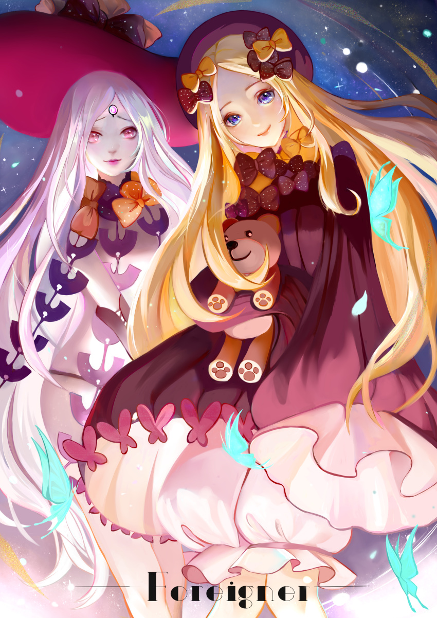 2girls abigail_williams_(fate/grand_order) absurdres bangs bare_shoulders black_bow black_headwear black_panties blonde_hair blue_eyes blush bow breasts bug butterfly closed_mouth dual_persona fate/grand_order fate_(series) forehead hair_bow hat highres insect keyhole long_hair long_sleeves looking_at_viewer multiple_bows multiple_girls object_hug orange_bow panties parted_bangs pink_eyes polka_dot polka_dot_bow qiuyan_(957275718) sleeves_past_fingers sleeves_past_wrists small_breasts smile stuffed_animal stuffed_toy teddy_bear thighs third_eye underwear white_bloomers white_hair white_skin witch_hat