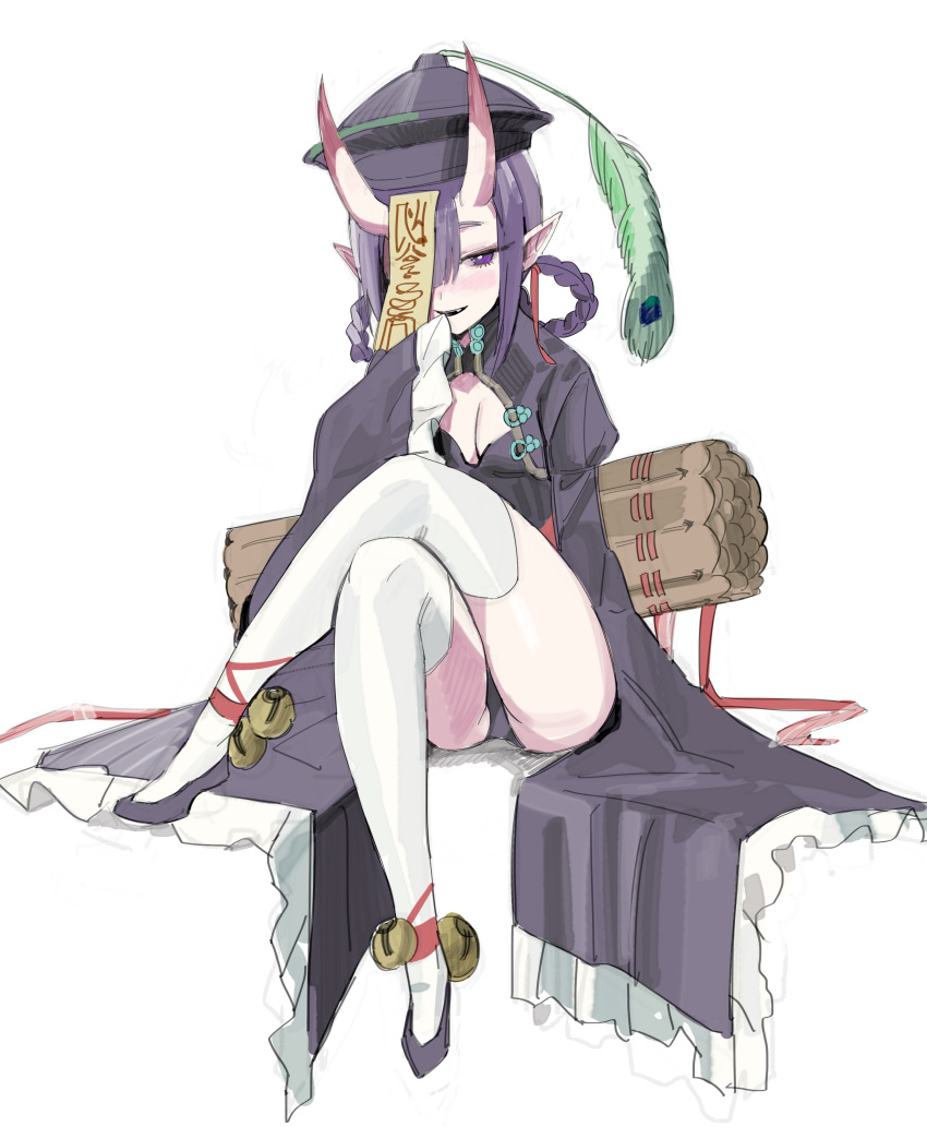 1girl absurdres ankle_ribbon bangs bell black_dress black_footwear blush breasts china_dress chinese_clothes cleavage_cutout crossed_legs dress eyeliner fangs fate/grand_order fate_(series) freng hair_rings hat heroic_spirit_festival_outfit highres horns jiangshi jingle_bell legs looking_at_viewer makeup ofuda oni oni_horns open_mouth peacock_feathers pointy_ears purple_hair qing_guanmao red_ribbon ribbon short_eyebrows short_hair shuten_douji_(fate/grand_order) sitting skin-covered_horns thigh-highs violet_eyes white_legwear wide_sleeves