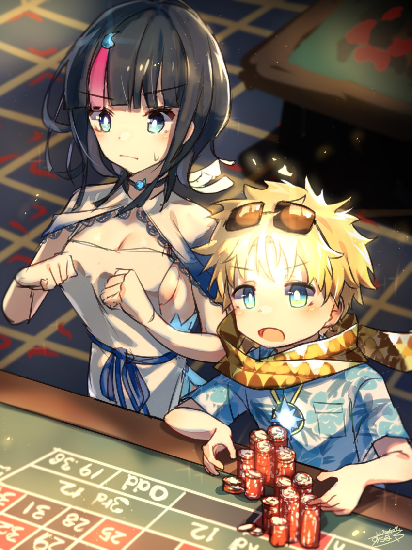1boy 1girl absurdres blonde_hair blue_eyes bright_pupils cheering fate/grand_order fate/requiem fate_(series) hawaiian_shirt highres multicolored_hair poker_chip roulette_table scarf shirt streaked_hair sweatdrop tile_floor tiles utsumi_erise voyager_(fate/requiem) zutabo2