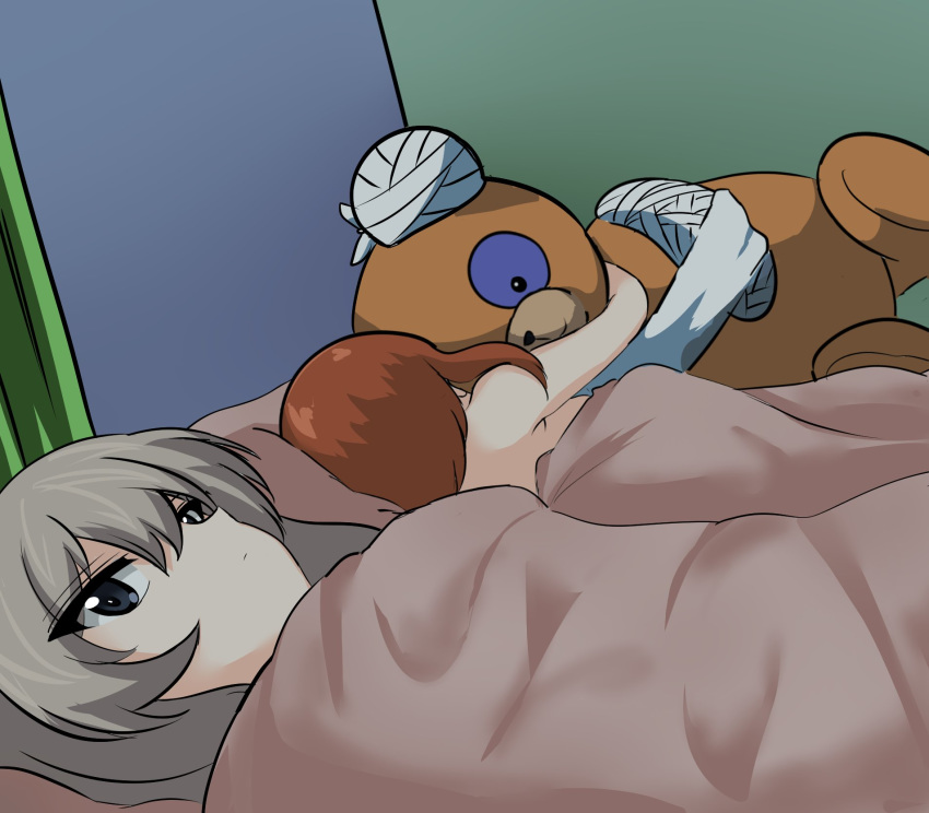 500_dollar_four_foot_tall_mareep aikir_(jml5160) bandages bangs bed bed_sheet blanket boko_(girls_und_panzer) brown_eyes brown_hair couple girls_und_panzer highres hug itsumi_erika meme multiple_girls nishizumi_miho object_hug pillow short_hair sleeping stuffed_animal stuffed_toy teddy_bear under_covers