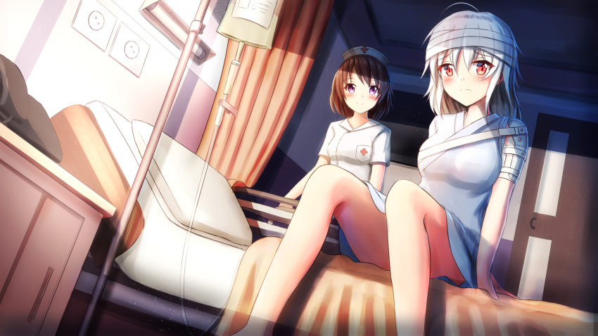 2girls bandaged_head bandages bangs black_hair blush breasts closed_mouth commentary commission cross curtains door dress english_commentary eyebrows_visible_through_hair hair_between_eyes hat highres hospital indoors long_hair medium_breasts multiple_girls nurse nurse_cap on_bed original prophosphere red_cross red_eyes short_sleeves silver_hair sitting sitting_on_bed sleeveless sleeveless_dress small_breasts smile violet_eyes white_dress white_headwear