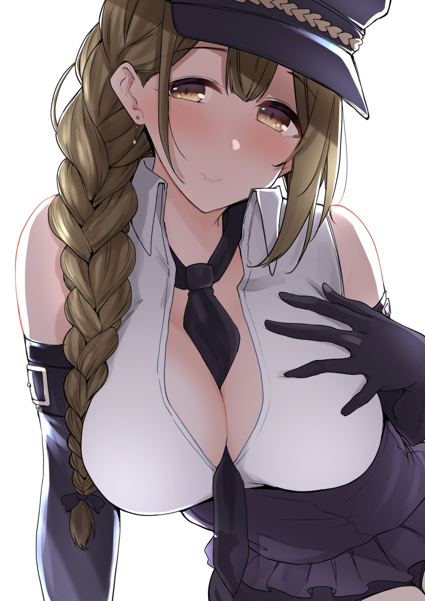 1girl bare_shoulders between_breasts black_bow black_gloves black_neckwear blush bow braid braided_ponytail breasts brown_eyes brown_hair closed_mouth elbow_gloves gloves hair_between_eyes hair_bow hair_over_shoulder highres idolmaster idolmaster_shiny_colors kuwayama_chiyuki large_breasts leaning_forward long_braid looking_at_viewer miyoshi_(triple_luck) necktie necktie_between_breasts shirt single_braid sleeveless sleeveless_shirt smile solo tareme upper_body white_shirt yellow_eyes