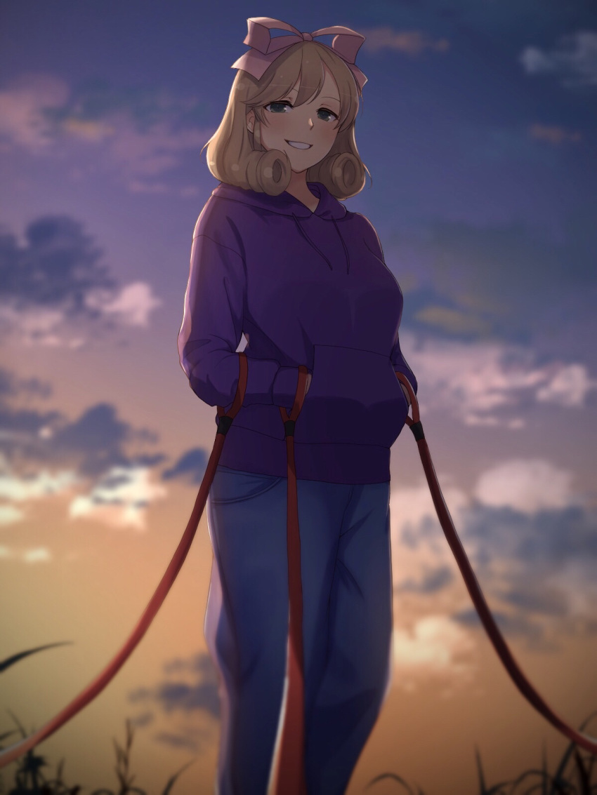 1girl bangs blonde_hair blush bow breasts clouds cloudy_sky denim evening grass green_eyes grin hair_between_eyes hair_bow hands_in_pockets haruka_(senran_kagura) highres hood hood_down hoodie jeans large_breasts leash lemonrou long_sleeves looking_at_viewer pants pink_bow purple_hoodie senran_kagura shadow short_hair sky smile solo standing