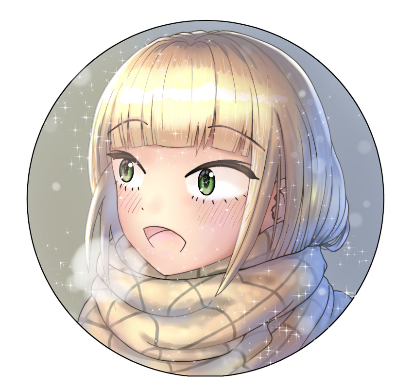 1girl :d blonde_hair blush breath child commentary_request eyebrows_visible_through_hair green_eyes happy katou_asuka kitaura_sou long_hair open_mouth portrait round_image scarf smile snowing solo sparkle watashi_ga_motenai_no_wa_dou_kangaetemo_omaera_ga_warui! younger