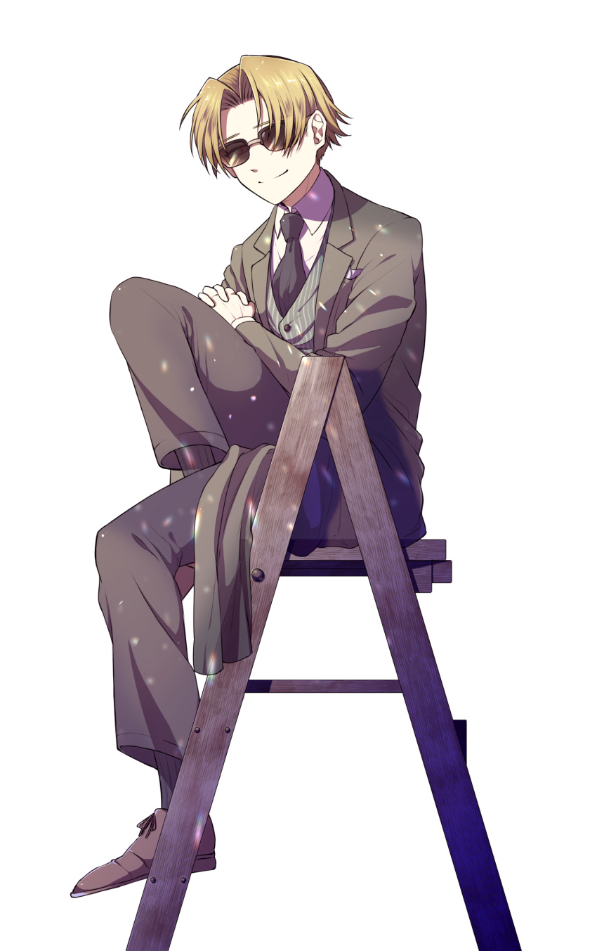 1boy bangs blonde_hair closed_mouth fate/grand_order fate_(series) fingers_together formal full_body highres koha-ace ladder long_sleeves looking_at_viewer male_focus maxwell's_demon_(fate) necktie on_ladder pants parted_bangs shiny shiny_hair sitting smile solo suit sunglasses white_background zassou_(ukjpn)