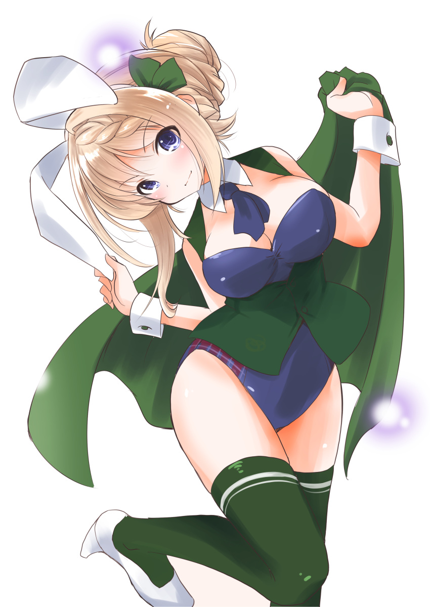 1girl absurdres adapted_costume animal_ears blonde_hair blue_leotard blush braid breasts buttons cape eyebrows_visible_through_hair fake_animal_ears green_cape green_legwear green_vest high_heels highres kantai_collection large_breasts leotard perth_(kantai_collection) rabbit_ears short_hair simple_background solo taisinkoku thigh-highs vest violet_eyes white_background white_footwear