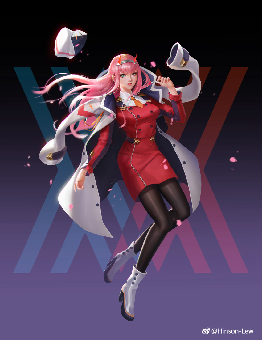 bangs boots coat darling_in_the_franxx dress green_eyes grey_coat hairband hat high_heel_boots high_heels highres hinson_lew horns leggings military military_uniform oni_horns pantyhose pink_hair platform_footwear platform_heels red_horns short_dress uniform white_hairband zero_two_(darling_in_the_franxx)