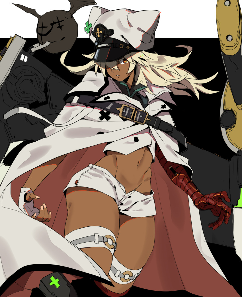 1girl absurdres animal_hat bandaged_arm bandages belt blonde_hair cape clover creature dark_skin fingerless_gloves four-leaf_clover gloves guilty_gear guilty_gear_strive hair_over_one_eye hat highres huge_weapon long_hair loose_belt makai midriff navel orange_eyes peaked_cap ramlethal_valentine short_shorts shorts single_fingerless_glove solo sword thigh_strap toned weapon white_gloves