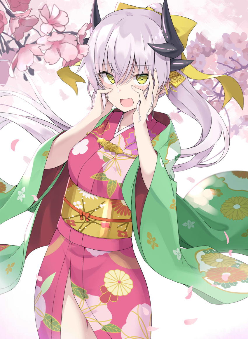 100 1girl absurdres bangs blush bow breasts cherry_blossoms dragon_girl dragon_horns fate/grand_order fate_(series) floral_print flower green_kimono hair_bow hair_ornament highres horns japanese_clothes kimono kiyohime_(fate/grand_order) layered_clothing layered_kimono long_hair long_sleeves looking_at_viewer medium_breasts multiple_horns obi open_mouth pink_kimono ponytail sash smile tree_branch white_hair wide_sleeves yellow_bow yellow_eyes