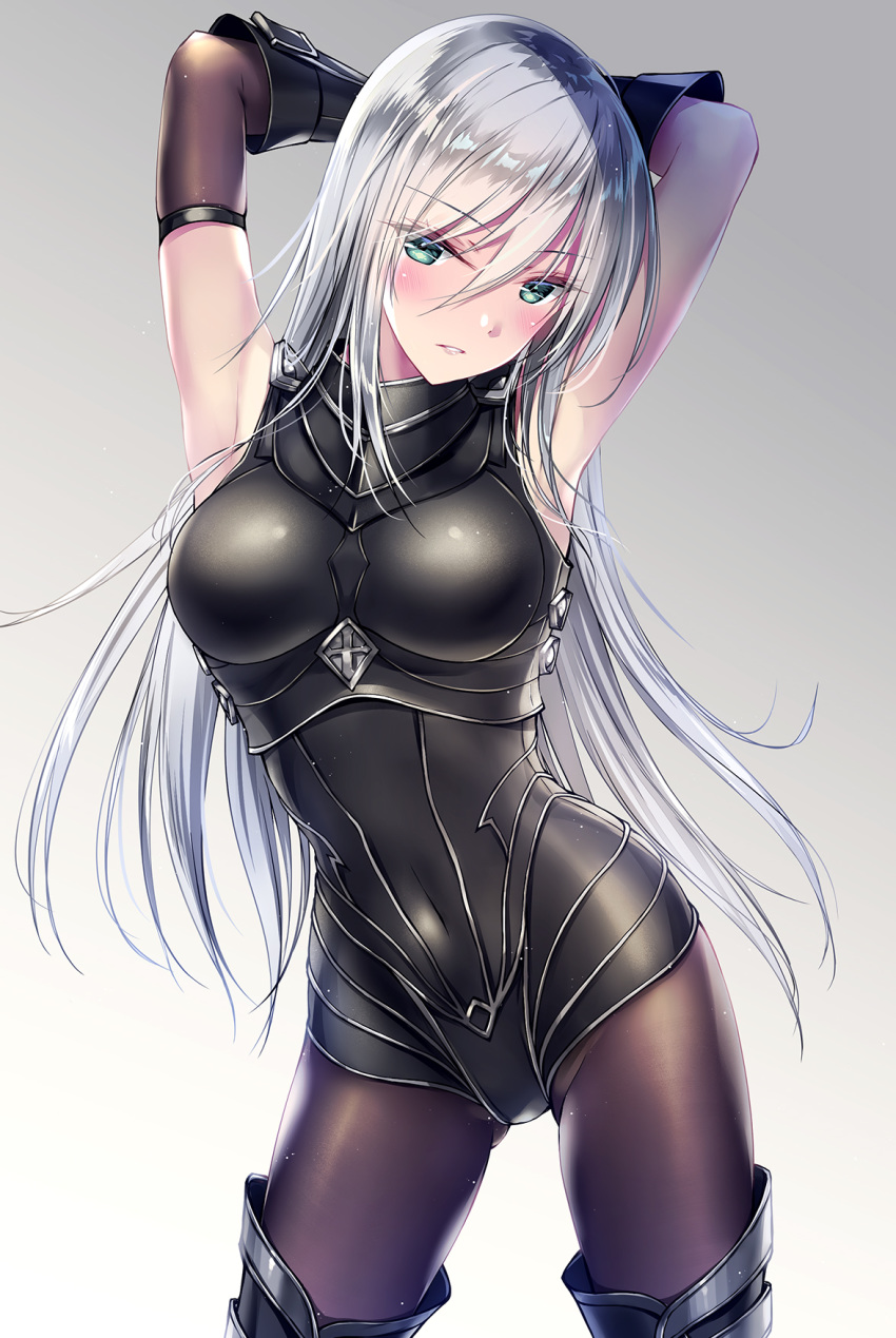 1girl armpits arms_behind_head bangs black_bodysuit black_footwear black_legwear blush body_armor bodysuit boobplate boots breastplate breasts commentary_request eyebrows_visible_through_hair gauntlets green_eyes grey_background hair_between_eyes highres kobayashi_chisato long_hair looking_at_viewer medium_breasts original pantyhose shiny shiny_hair sidelocks silver_hair simple_background sleeveless solo thigh-highs thigh_boots warrior