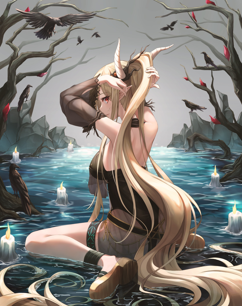 1girl absurdres arknights armpits arms_up bare_shoulders bare_tree black_swimsuit breasts brown_hair candle detached_sleeves from_behind grey_sky halterneck highres horns huge_filesize large_breasts long_hair looking_at_viewer looking_back one-piece_swimsuit outdoors pointy_ears ponytail profile redhead rla058058 sandals shining_(arknights) sidelocks sitting solo swimsuit thigh_strap thighs tree very_long_hair wariza water