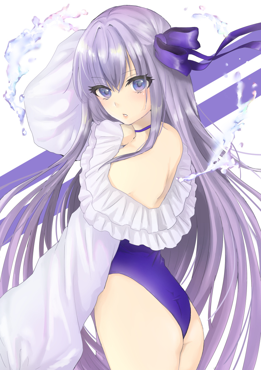 1girl absurdres artist_request ass back bangs bare_shoulders blue_eyes blue_ribbon blush breasts choker fate/grand_order fate_(series) frills hair_ribbon highleg highleg_swimsuit highres long_hair long_sleeves looking_at_viewer looking_back meltryllis meltryllis_(swimsuit_lancer)_(fate) off-shoulder_swimsuit one-piece_swimsuit puffy_sleeves purple_hair ribbon simple_background sleeves_past_fingers sleeves_past_wrists small_breasts swimsuit very_long_hair water white_background white_ribbon