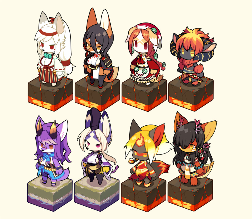 2boys 6+girls animal_ears animal_nose barefoot beige_background beige_fur black_fur black_hair black_legwear bright_pupils character_request commentary_request fox fox_ears fox_girl fox_tail fullbokko_heroes furry goat_eyes highres horns kishibe long_hair multiple_boys multiple_girls nue_(fullbokko_heroes) ooguchi_no_magami_(fullbokko_heroes) orange_eyes orange_fur purple_fur red_eyes sheep_horns short_hair simple_background snout standing tail thigh-highs two-tone_fur violet_eyes white_fur white_hair white_pupils yellow_eyes yellow_fur