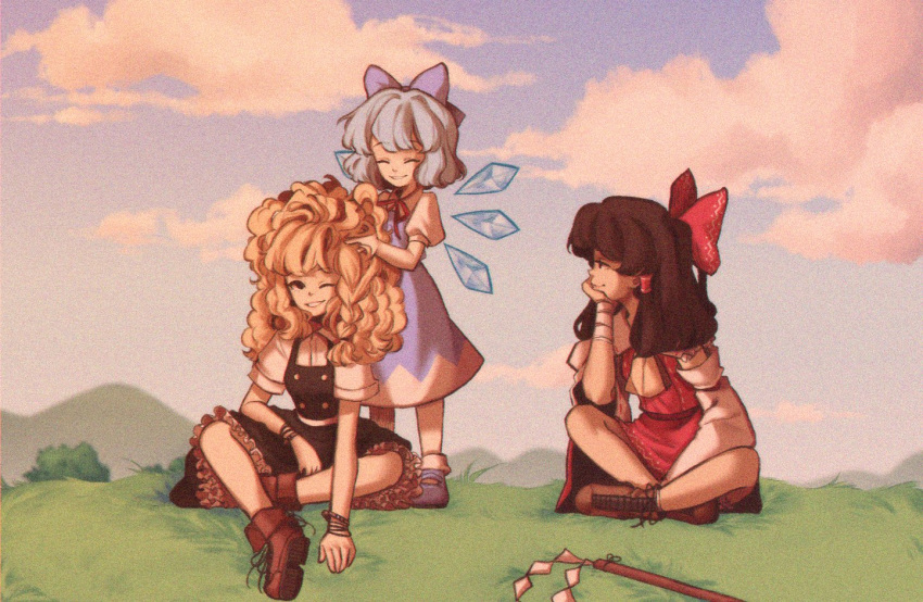 3girls ^_^ ankle_boots bandaged_arm bandages black_dress blonde_hair blue_bow blue_hair boots bow bracelet braid brown_hair chin_rest cirno closed_eyes clouds collared_shirt cross-laced_footwear detached_sleeves dress frilled_skirt frills gohei grass grin hakurei_reimu happy hill ice ice_wings indian_style jewelry kirisame_marisa lace-up_boots linmiee long_hair looking_at_another lovestruck messy_hair motherly multiple_girls outdoors playing_with_another's_hair red_shirt red_skirt shirt short_hair short_sleeves side_braid single_braid sitting sitting_on_ground skirt skirt_set sky smile touhou wavy_hair wide_sleeves wings