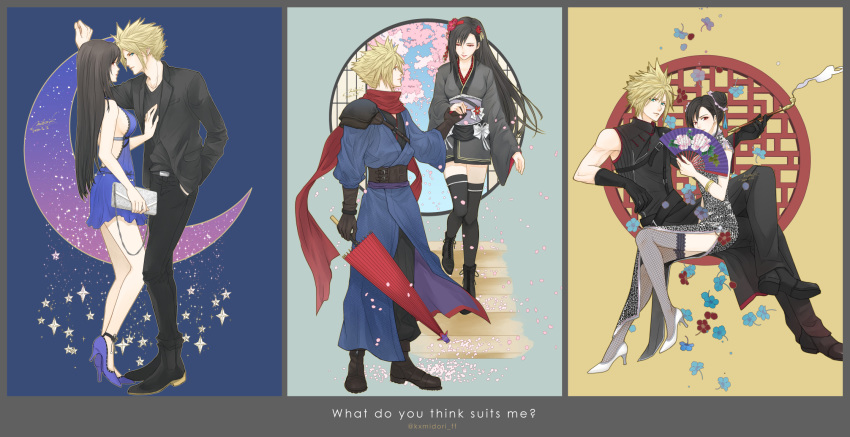 1boy 1girl alternate_costume alternate_hairstyle blonde_hair china_dress chinese_clothes cloud_strife dress final_fantasy final_fantasy_vii final_fantasy_vii_remake formal highres himmelisch-garten japanese_clothes kimono red_scarf scarf sitting sleeveless spiky_hair suit tifa_lockhart