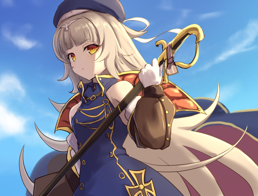1girl azur_lane bangs bare_shoulders beret blue_dress blue_headwear blue_sky blunt_bangs blush breasts brown_eyes chagara closed_mouth clouds commentary_request day detached_sleeves dress eyebrows_visible_through_hair frown gloves hair_ornament hat highres holding holding_sword holding_weapon iron_cross long_hair long_sleeves looking_at_viewer mole mole_under_eye outdoors silver_hair sky sleeveless sleeveless_dress small_breasts solo sword very_long_hair weapon white_gloves yellow_eyes z46_(azur_lane)