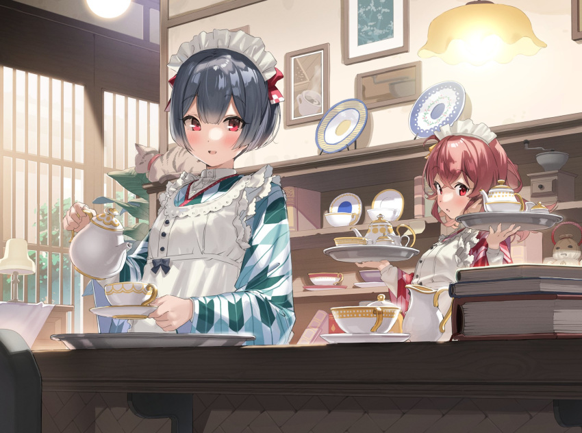 2girls :d animal apron bangs black_hair blue_kimono blush book_stack brown_hair cat ceiling_light clip_studio_paint_(medium) coffee_grinder commentary_request eyebrows_visible_through_hair hair_between_eyes highres holding holding_saucer holding_teapot holding_tray idolmaster idolmaster_shiny_colors indoors japanese_clothes kanzarin_(hoochikiss) kimono komiya_kaho long_hair long_sleeves maid_headdress morino_rinze multiple_girls open_mouth parted_lips plate print_kimono red_eyes red_kimono saucer short_hair smile teapot tray upper_body wa_maid white_apron wide_sleeves yagasuri